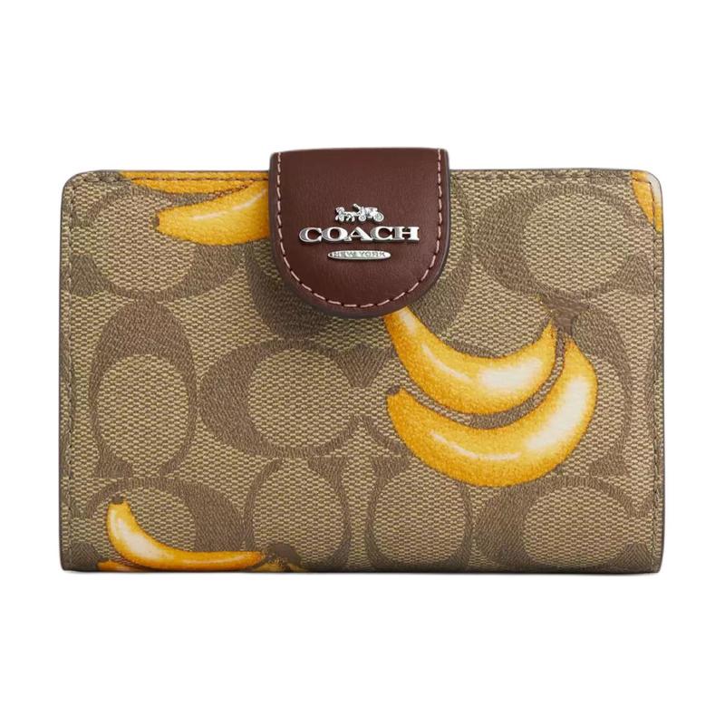 

COACH Corner Zip 12 Banana Print Signature Canvas Wallet Women s Silver with Khaki Dark Saddle Silver and khaki color and dark saddle color серебряный