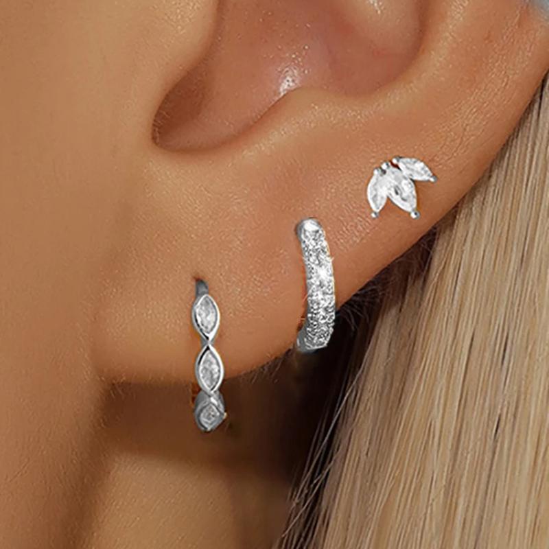 3PCS Crystal Flower Tragus Stud Earring Set Women Fashion Square Huggie Hoop Earring Bulk Cartilage Helix Jeweley Lobe Piercing