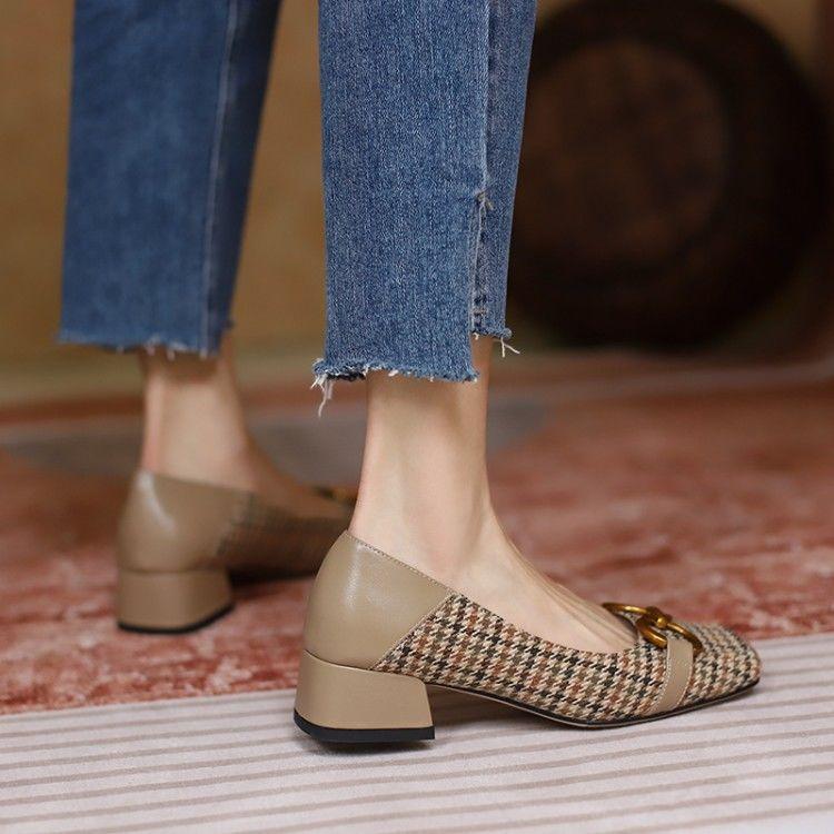 Chidori Plaid Cloth Thick with Square Head Single Shoes Female Metal Buckle Leather Comfortable and Versatile High Heel Women's Shoes Beans Shoes