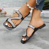 Plus Size Slippers Summer New Square Toe Rhinestone Soft Sole Non-slip Flat Beach Shoes