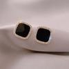 Artistic Square Stud Earrings In Black with Silver Accents and Rhinestone Embellishments