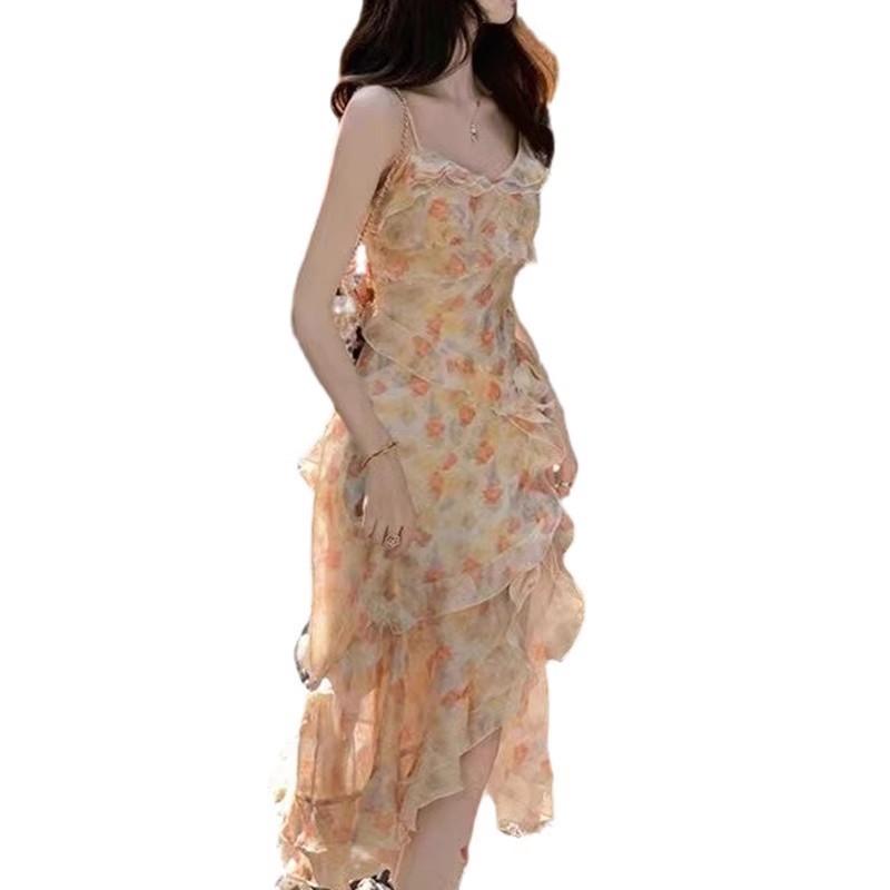 ruffle leaf edge v-neck floral dress girlish suspender dress women's summer new niche split-ended medium and long dress