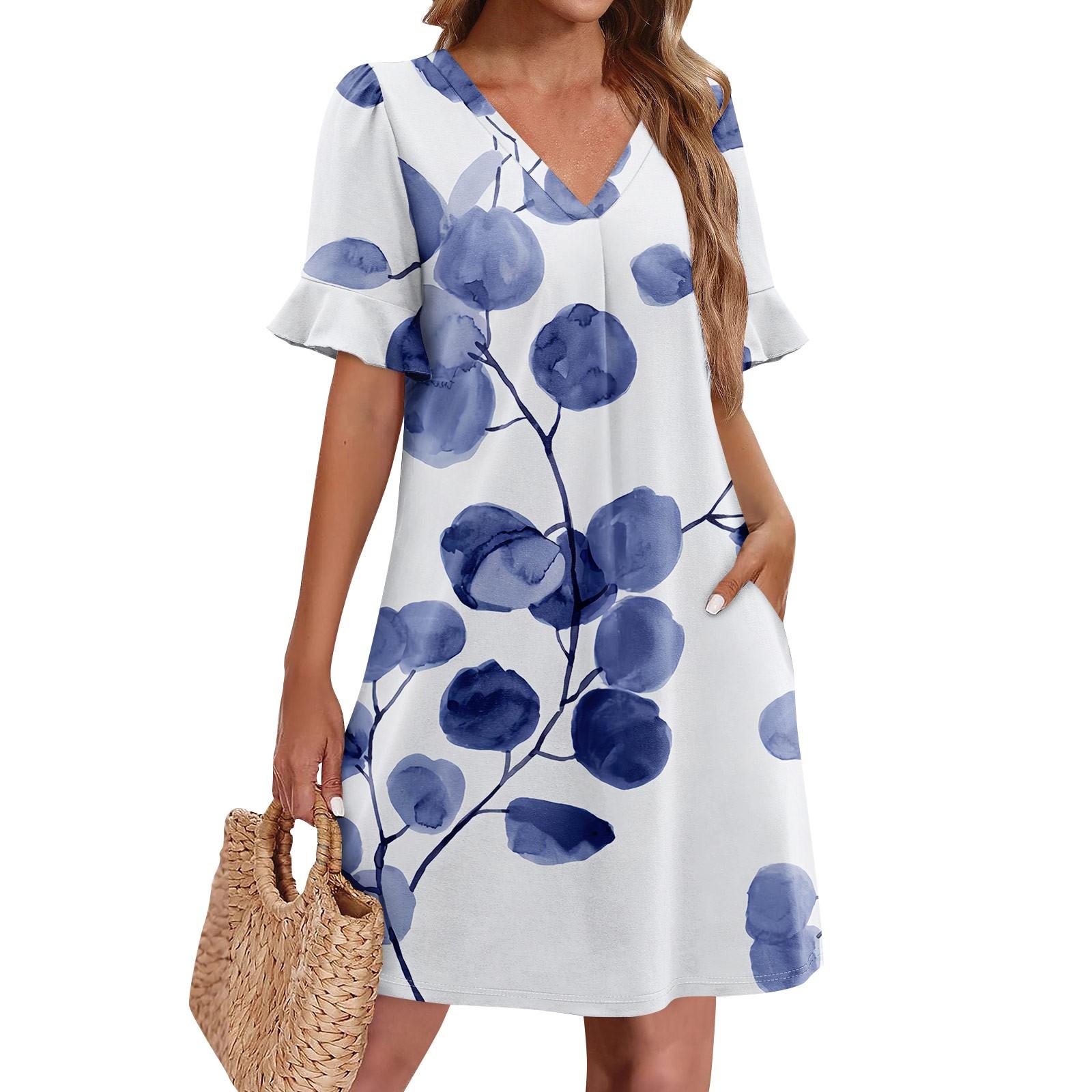 

Летние платья для женщин с V-образным вырезом, оборками и коротким рукавом, повседневное свободное платье с принтом, пляжное платье с карманами XXL синий