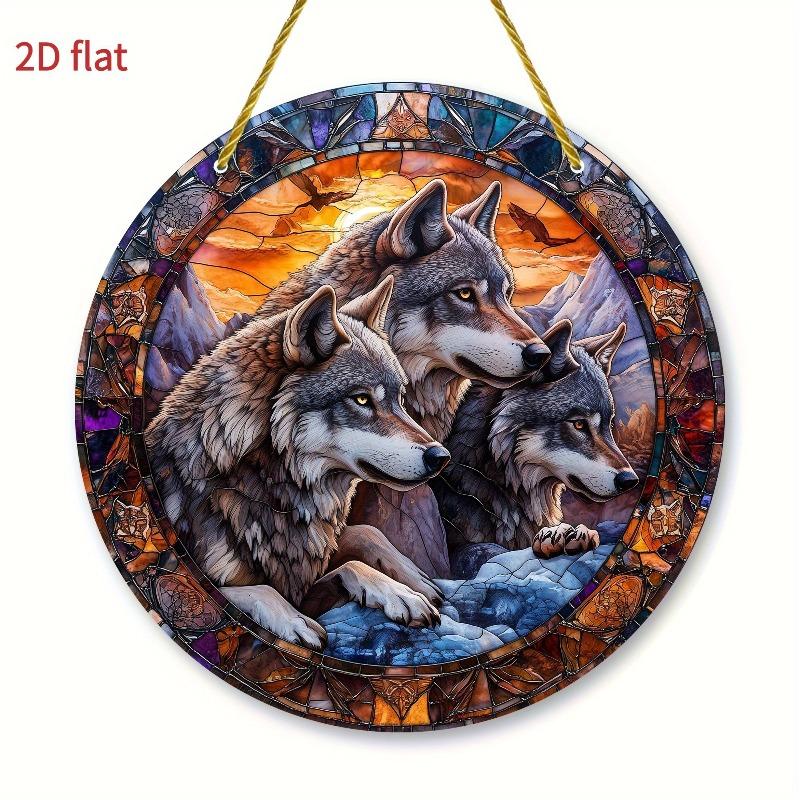 2D Flat Bohemian Style Three Wolves Mountain Scene Acrylic Decoration Sign, Stained Glass Design, Home Decor Plaque Hanging Wall Art Decorative Garden