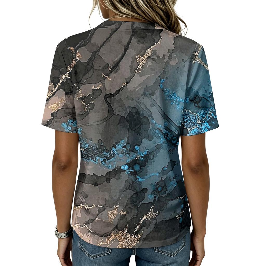 Women's Short Sleeve Henley Button Neck Shirt Cotton Linen Blend Lightweight Casual Top with Abstract Print Pattern for Summer and Spring