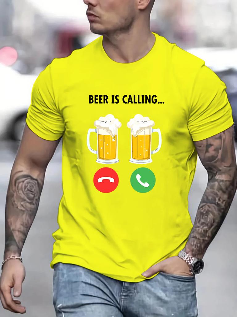 Men's 100% Cotton Summer Loose Size Fashi Beer Is Calling Print Slim Fit Casual Sports Round Neck Short Sleeved T-shirt Top