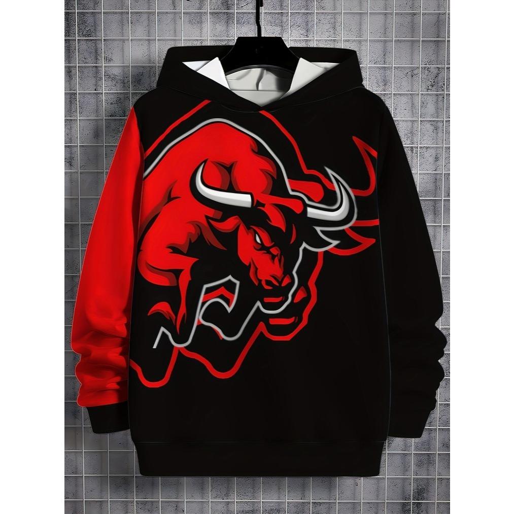 Boys' 3D Printed Casual Hoodie - Red and Black Pattern Long Sleeve Hoodie, Spring and Autumn Regular Edition