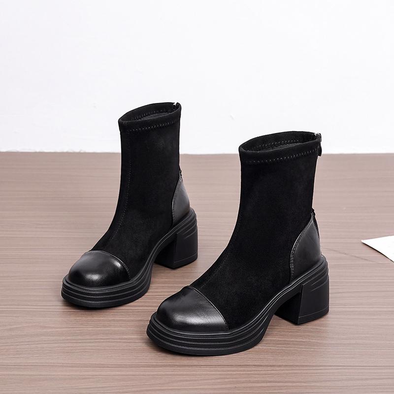 

Winter Short Plush Inside Women Ankle Boots Platform Thick Heels Shoes Fashion Banquet Party Stretch Slim Short Botas Mujer 35