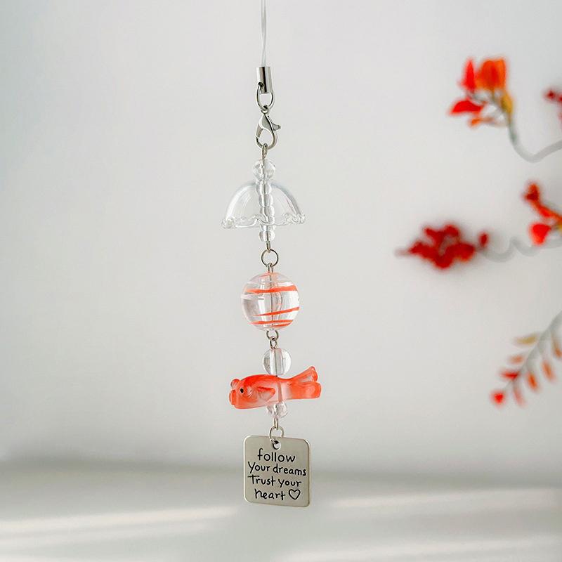 Y2K Goldfish Key Chain Wind Chimes Round Beaded Keyring For Phone Camera Earphone Case Charm Pendant Keycord
