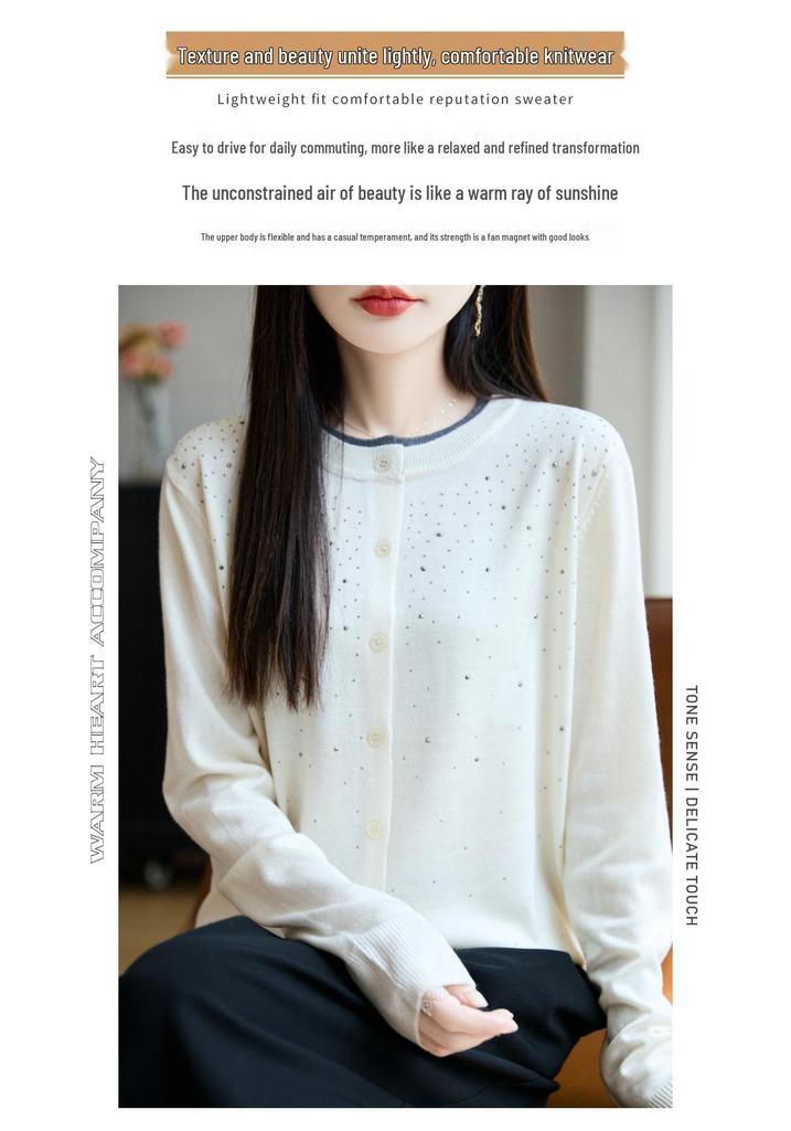 Luxury Rhinestone Wool Cardigan, Colorblock Collar Design, Versatile Women's Autumn/Winter Sweater