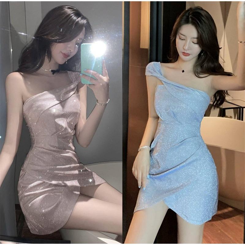Summer new celebrity temperament small slanted shoulder tube top sparkling slim and thin irregular dress women