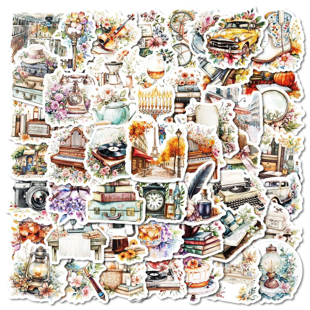 50 Beautiful Retro Style Mixed Graffiti Waterproof Stickers Creative Suitcase Rose Embellishment Stickers