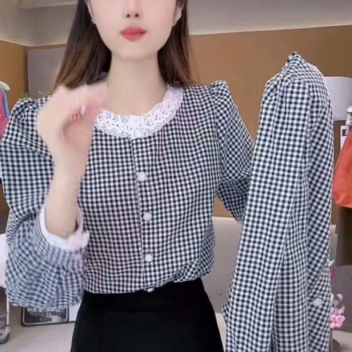 

Женская ретро-блузка в клетку с кружевом, Франция, 2026 - Длинный рукав, круглый вырез 2XL