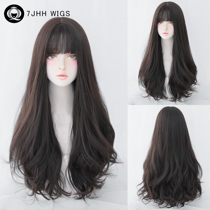 7jhh Wigs Honey Brown Wigs With Neat Bangs High Density Synthetic Loose Brown Hair Wig For Women Daily Use Beginner Friendly