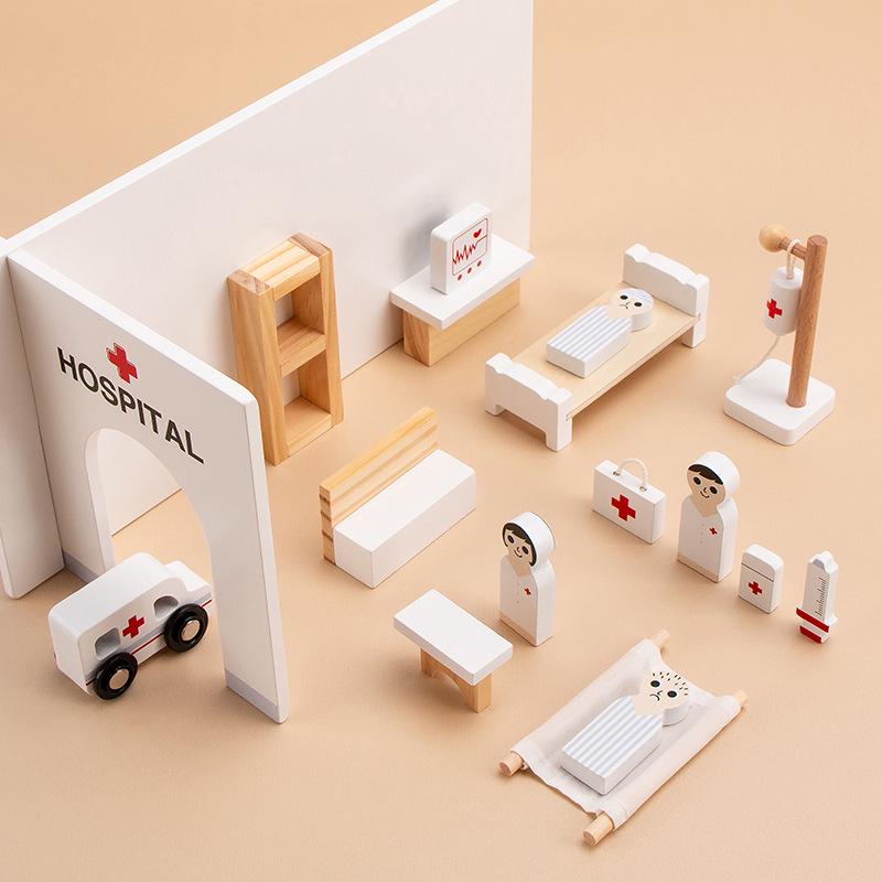 Wooden Doll Furniture Set: Mini Sofa, Cabinet, and Wardrobe for Child's Pretend Play