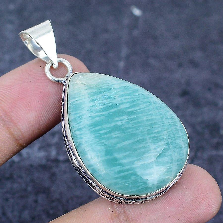 Natural Amazonite Gemstone 925 Sterling Silver Jewelry Pendant 2.01" r7I00