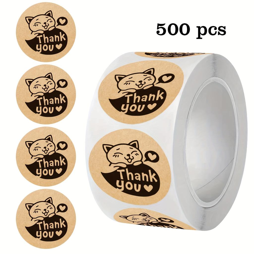 Kraft Paper Cat Thank You Doodle Roll Stickers, 1-Inch Round, Suitable for Small Business, Commercial Baking, Beverage DIY Decoration, Gift, Letter