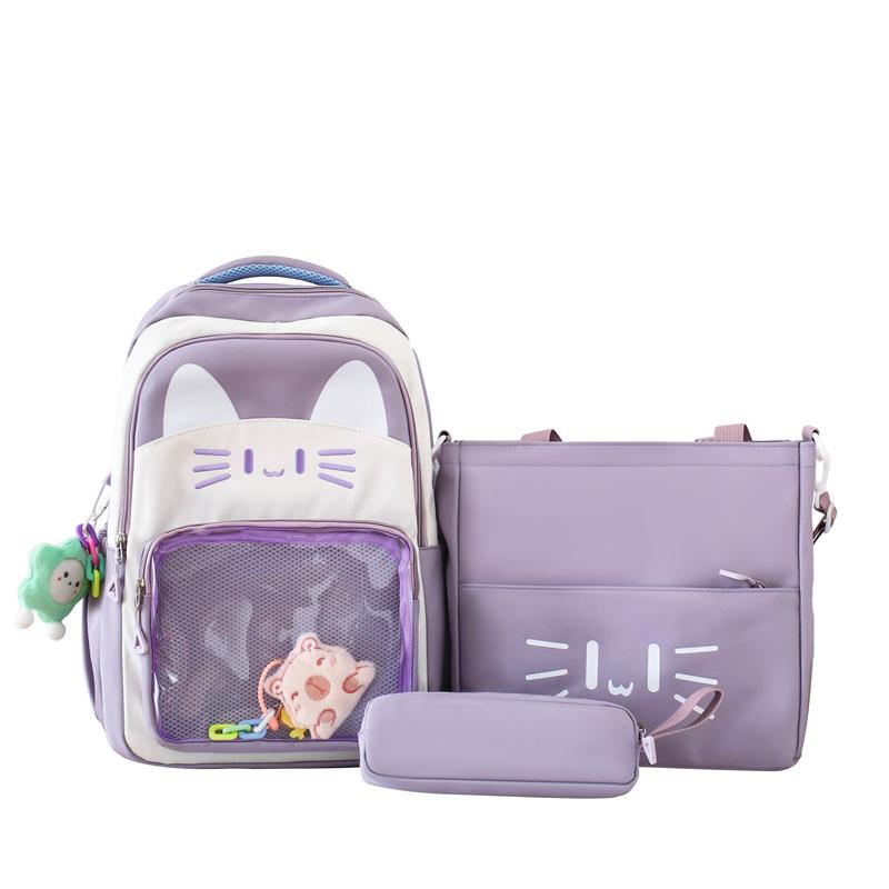 Комплект из трех рюкзаков для школьников, рюкзак для школы с изображением мультяшного кота, рюкзак для путешествий фиолетовый