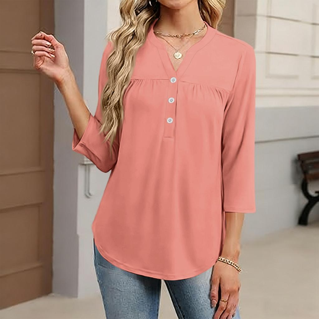 Women's Fashionable Casual Color V-Neck Decorative Button Three-Quarter Sleeve T-Shirt Top