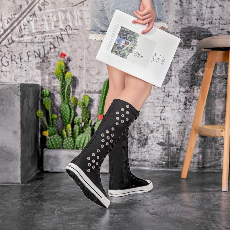 Scarpe da donna a tubo lungo con cinturino frontale e cerniera laterale scarpe a tubo lungo scarpe in tela traspirante vuote con strass lunghe