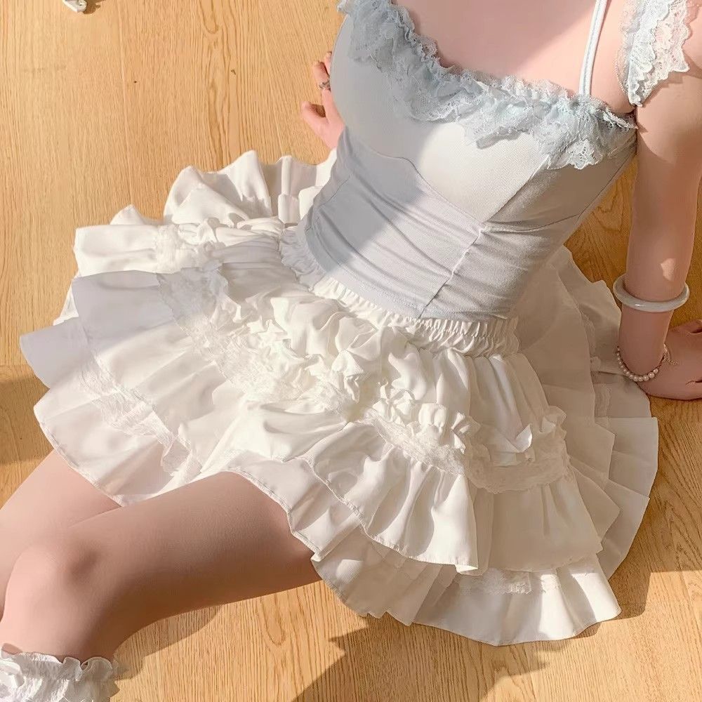 Princess Style White Lace Bubble Skirt With High Waist For Women Spring 2025