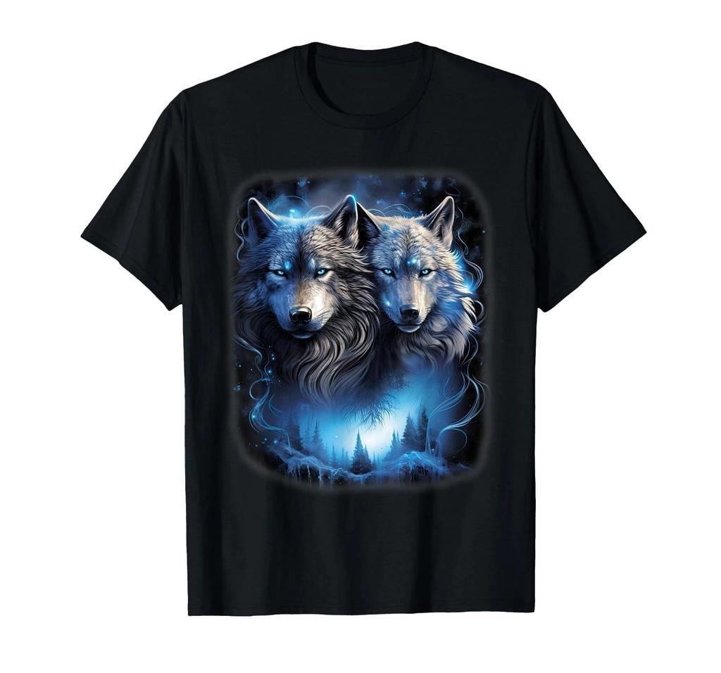 Wolf Wolves in Forest Galaxy Moon Fantasy Art Wildlife T-Shirt