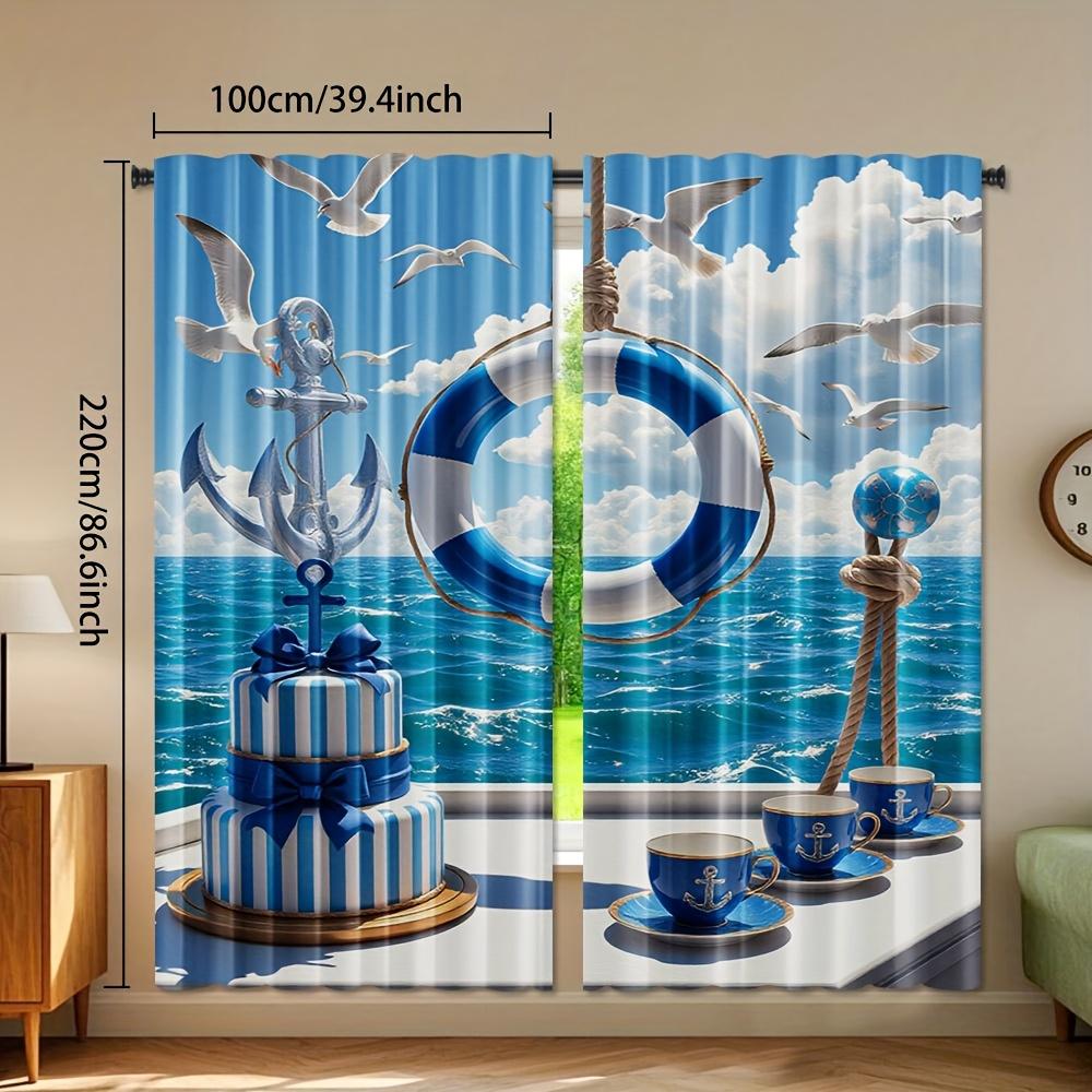 2pcs   Seaside Vacation Print Curtains Polyester Rod Pocket Design Light Filtering for Bedroom Living Room Office   Machine Washab