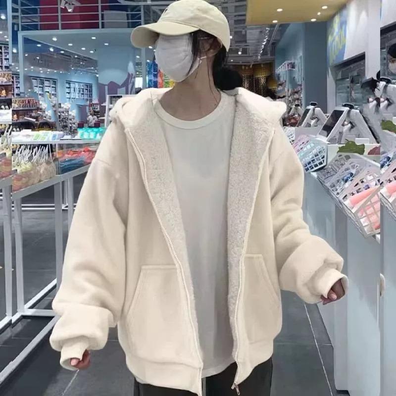 Purple Lamb Wool Zip-Up Thickened Hooded Sweatshirt Jacket Autumn Winter Cardigan