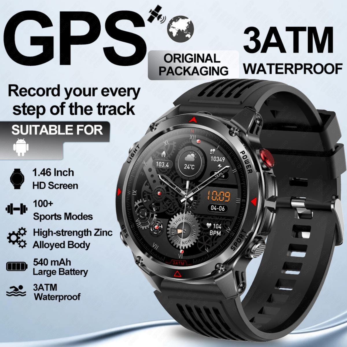 2025 Новые Спортивные GPS Смарт-часы для улицы Светодиодный фонарик GPS Трек Компас Альтиметр 540 мАч 3 АТМ Водонепроницаемые BT Звонки Смарт-часы Мужские Black Silicone