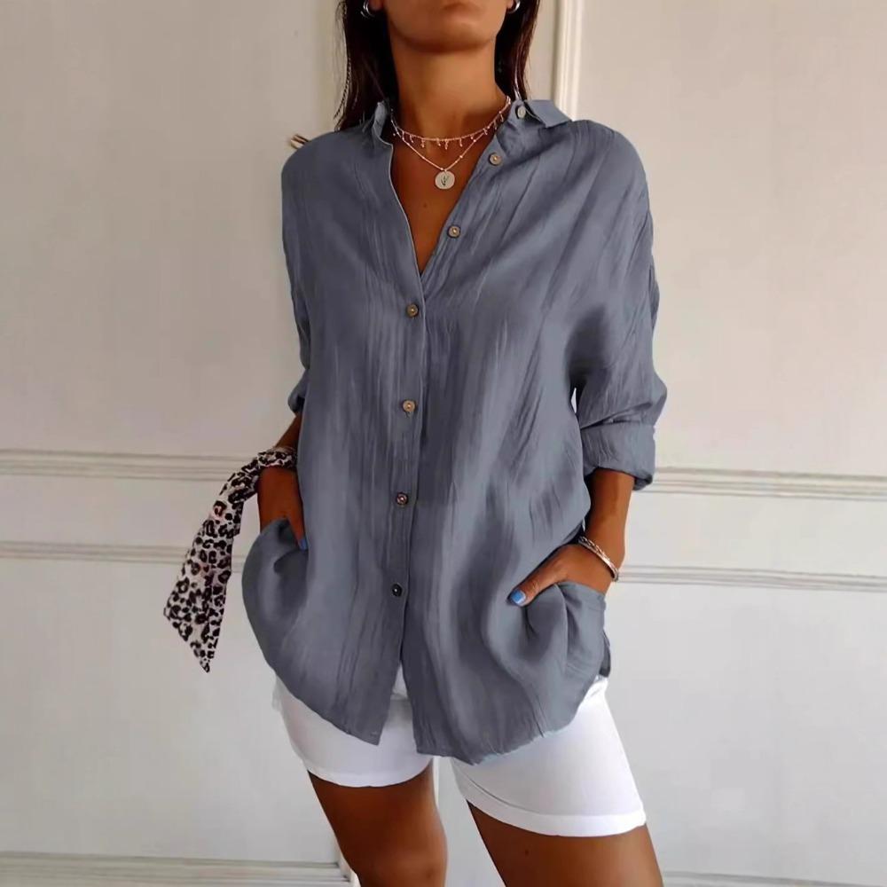 Women Solid Lapel Pleated Blouse, Single Breasted Rollable Long Sleeve Shirt