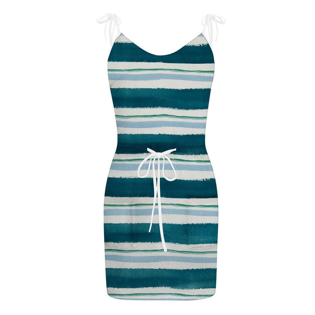 Women's Summer Sleeveless Loose Bandage Striped Sling Dress Pocket V Neck Tank Dress