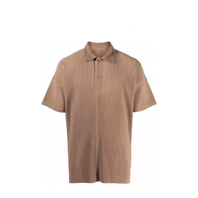 Miyake Men's Loose Fit Pleated Polo Shirt - Summer Breathable Short Sleeve with Turn-Down Collar, Solid Color (JM030)