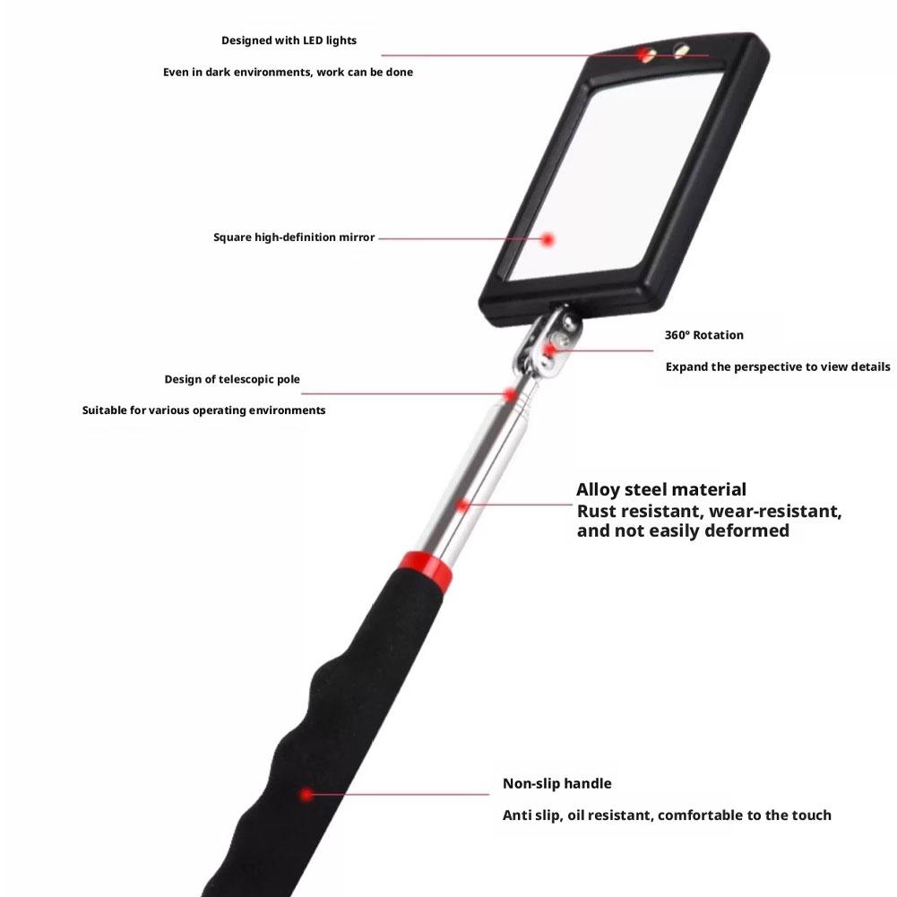 Inspection Mirror with LED Lighting 360° Telescopic Detection Lens Square Retractable Car Engine Chassis Mechanic Repairing Tool
