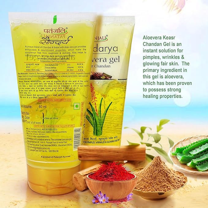 Patanjali Saundarya Aloevera Gel Kesar Chandan Face Wash 60ml For Men, Women, Anti-Acne & Pimples, For All Skin Types