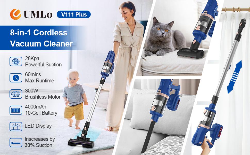 UMLo V11 Blauer Akku-Stielstaubsauger – 2-in-1 Hand- und Bodenreinigung mit HEPA-Filterung, 300W Motor, 4000mAh Akku, LED-Anzeige