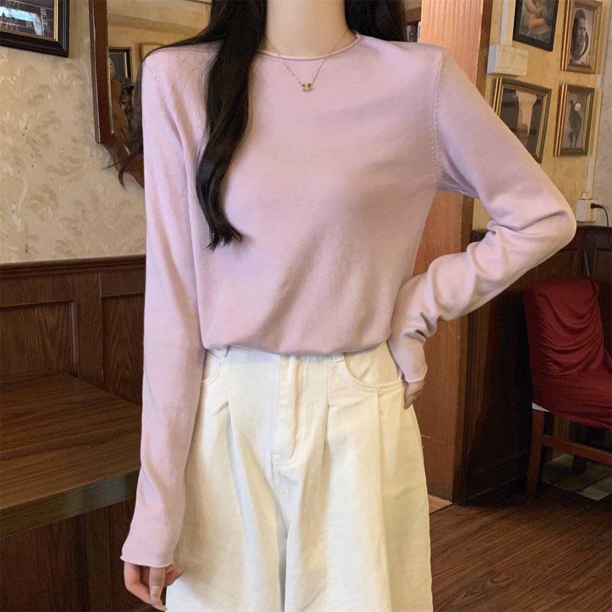 

Spring round neck crimped knitted top women s casual soft waxy sweater age-reducing inner bottoming shirt XL світло-фіолетового кольору