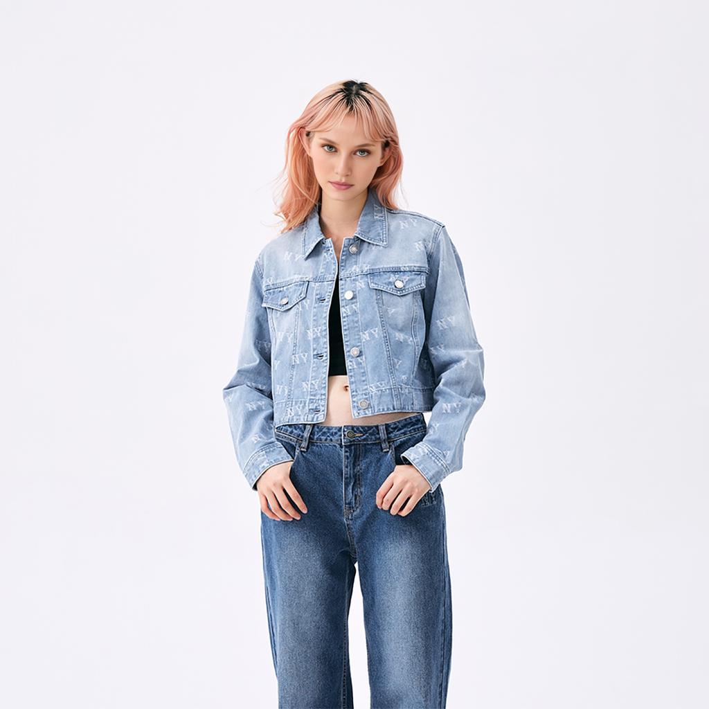 MLB Monogram Vintage Wash Casual Loose Fit Short Sleeve Denim Jacket Women jackets Light-Blue 3FDKM0151-50BLL