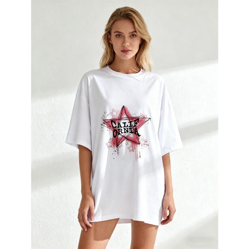 Oversized T-Shirt Black Pink Star Graffiti Print With Text Cali Born For The Night Casual Streetwear Style For Women