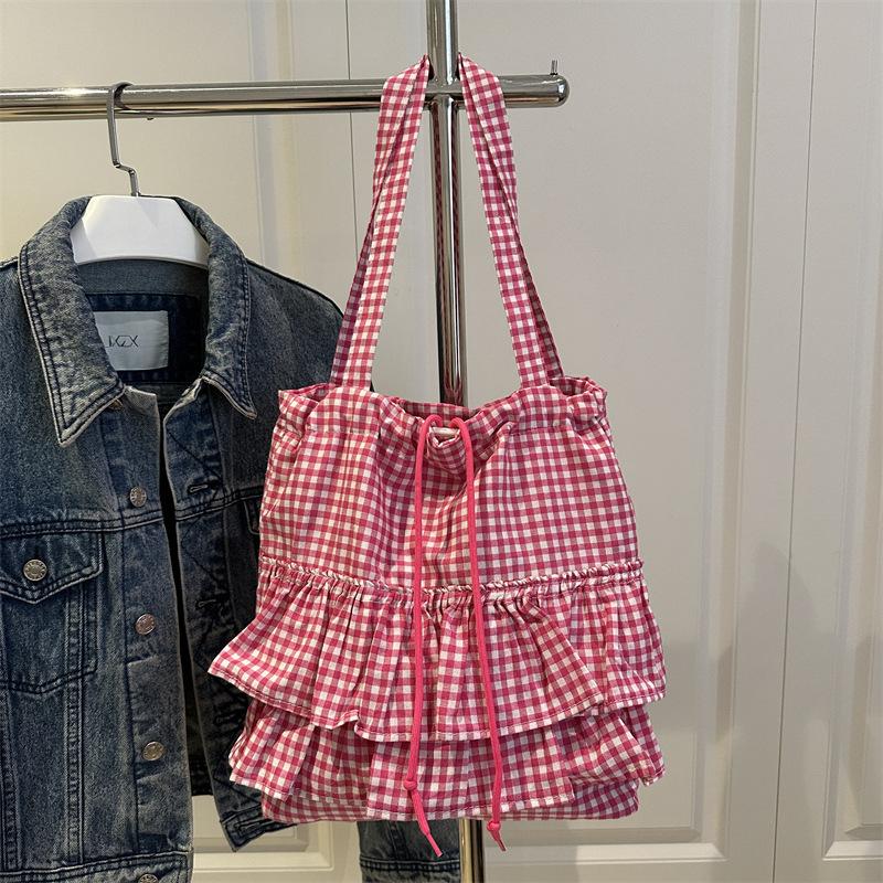 Cute Plaid Cotton Tote Bag Large Capacity Ruffle Handbag Large Capacity Shoulder Bags  Sweet Commuting Bag For Women Gift