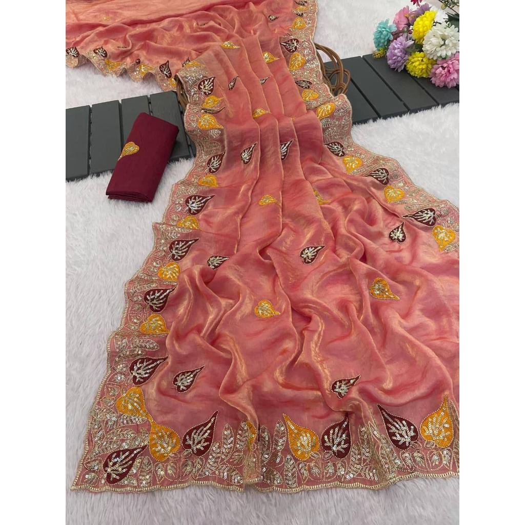 Saris purs et doux en satin Fandy avec d'incroyables sequins de 3 mm et du travail au fil multicolore