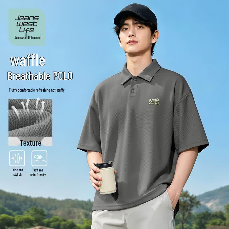 Jeanswest Men's Waffle Texture Short-Sleeve Polo Shirt