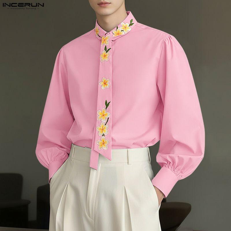 INCERUN Men Lapel Neck Long Sleeve Tie Up Buttons Up Floral Print Casual Shirts