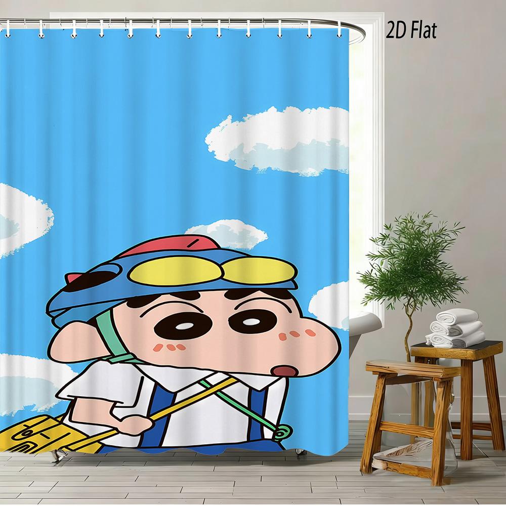 

Crayon Shin-Chan & Shiro Checkerboard Pattern With Camera & Radio 2D Print Waterproof Shower Curtain, Yellow & White Bathroom De W60H190(CM)-1 Pcs