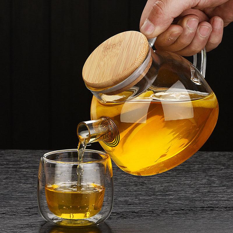 Heat Resistant Glass Tea Infuser Pot  With Wooden Cover Flower Tea Puer Kettle Coffee Cup Teapot Set Wzpi