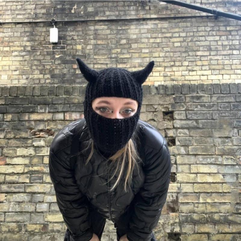 Novelty Devil Horn Face Cover Hat Knit Balaclava Cap for Women Men Winter Warm Hat Adult Halloween Costume Role Play Cap
