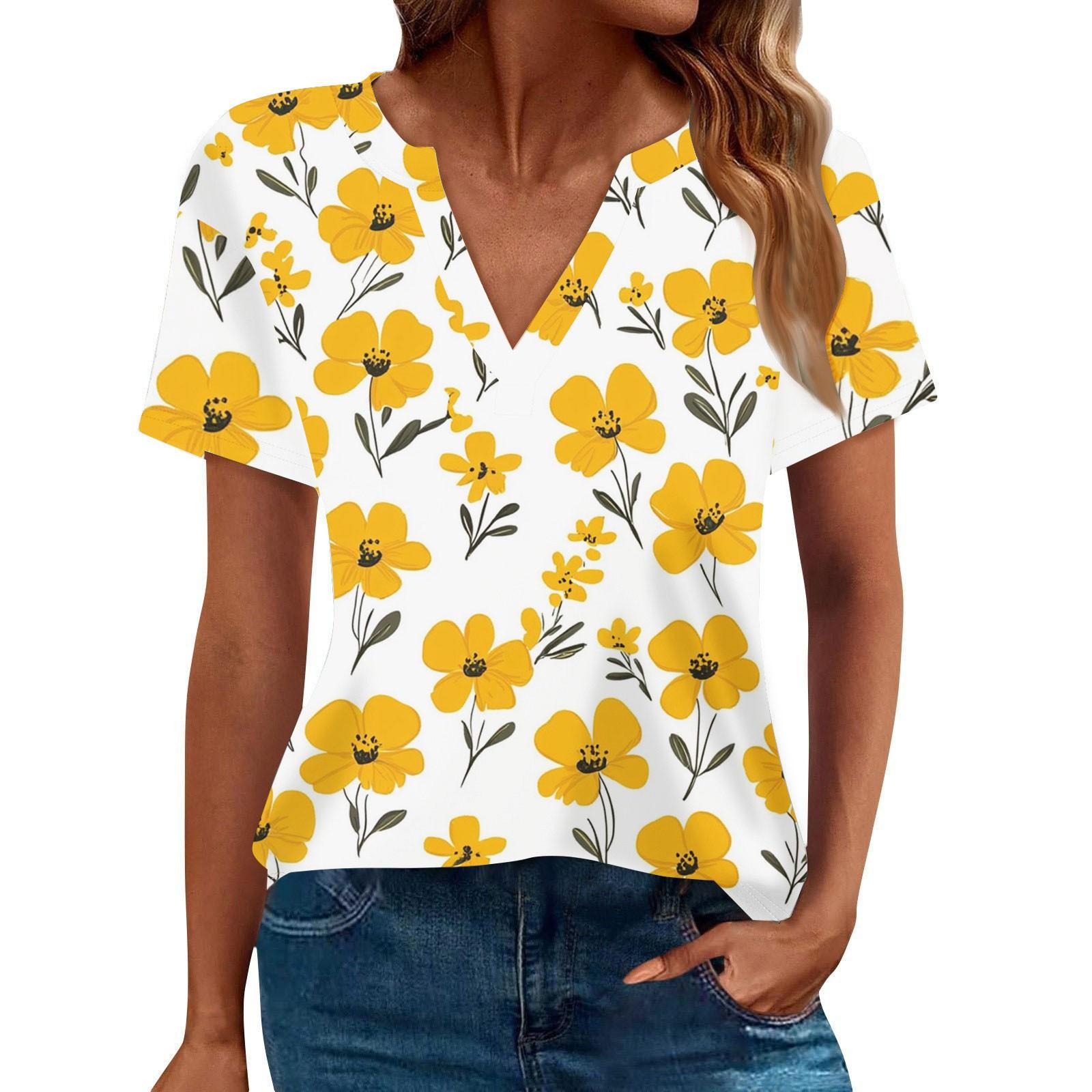 

Женская летняя мода повседневная футболка с коротким рукавом и V-образным вырезом XL жёлтый