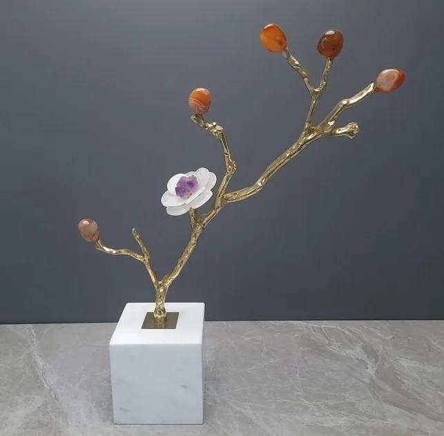 Natural Crystal Flower Metal Tree Golden Branches Crystal Sculpture Metal Figurine Marble Home Decoration Accessories