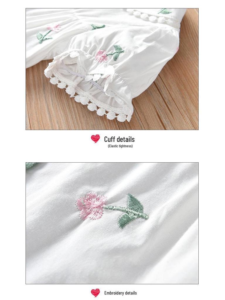 2025 New Summer Girls' Korean Style Embroidered Short Sleeve White Shirt