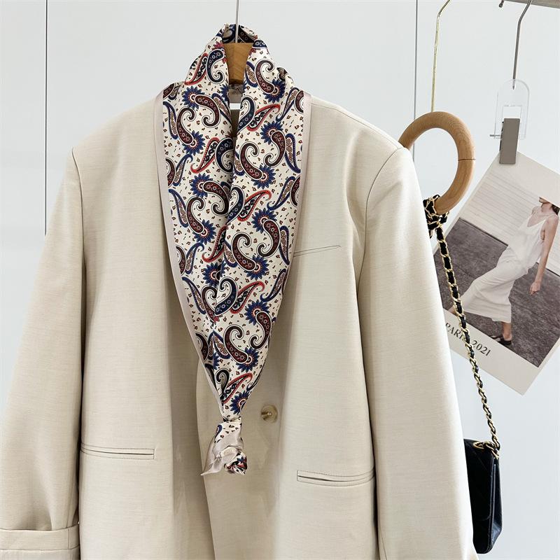 Silk Scarf Women's Beige Cashew Flower Temperament Mulberry Silk Silk Scarf Thin, Narrow and Long Double-sided Scarf Streamer