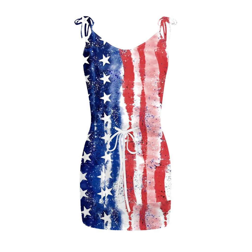 Women's Summer Sexy V-neck  Sleeveless Independence Day Printed Strapless Dress Beach Sun  Dress